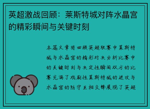 英超激战回顾:莱斯特城对阵水晶宫的精彩瞬间与关键时刻