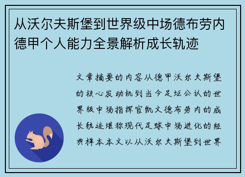 从沃尔夫斯堡到世界级中场德布劳内德甲个人能力全景解析成长轨迹 从沃尔夫斯堡到世界级中场德布劳内德甲个人能力全景解析成长轨迹