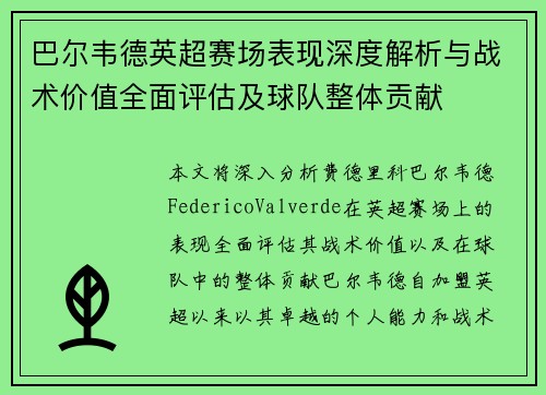 巴尔韦德英超赛场表现深度解析与战术价值全面评估及球队整体贡献 巴尔韦德英超赛场表现深度解析与战术价值全面评估及球队整体贡献