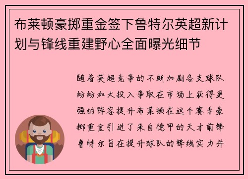 布莱顿豪掷重金签下鲁特尔英超新计划与锋线重建野心全面曝光细节 布莱顿豪掷重金签下鲁特尔英超新计划与锋线重建野心全面曝光细节